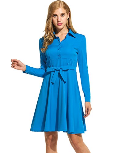 Long Sleeve Pleated Swing Shirts Dress เดรส แฟชั่นชุดทำงาน With Belt ANGVNS ผู้หญิง Turn Down Collar