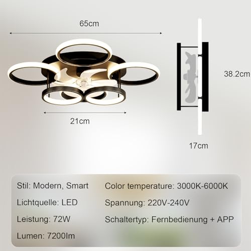 SXJCCSM 72 W Dimmable Ceiling Fan Ceiling Light, Silent LED Chandelier Design with 6 Rings with Remote Control and APP, 6 Speeds Reversible, Timing, Suitable for Kitchen, Living Room, Bedroom, Black
