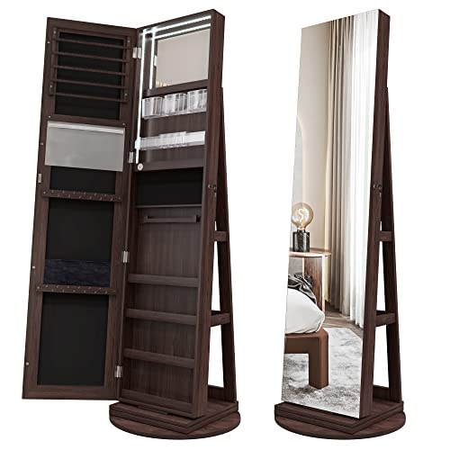 Kasibie Full Length Mirror Jewelry Armoire with LED Lights, Standing Mirror with Jewelry Storage