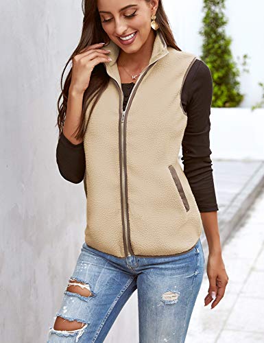 Sherpa Jacket Vest Open Front Fuzzy Fleece Fall Lady Outwear Classic Zip Up Sherpa Fleece Vest Fuzzy Jacket Khaki M