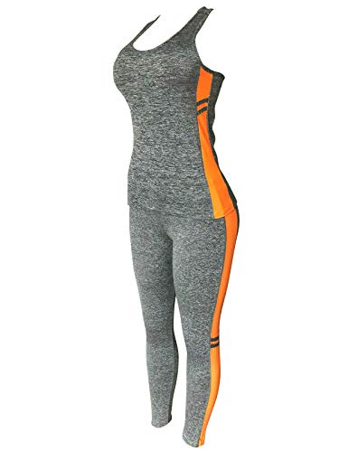 Women Sports Gym Yoga Workout Activewear Sets 2 Pieces Top+Leggings Set (M/L, Grey/Orange Touch)