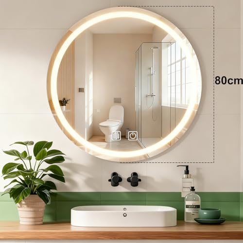 Espejo de baño circular de 80 cm con iluminación LED,función inteligente antivaho, 3 ajustes de temperatura de color ajustables, funcionamiento con control táctil,adecuado para baños y dormitorios