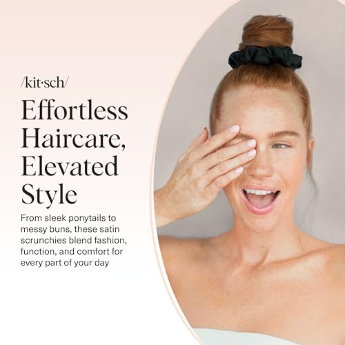 Kitsch Satin Scrunchies for Women – No Crease Hair Ties – Soft Satin Hair Scrunchies for Girls – Frizz Free, Gentle, Stylish Hair Accessories | Ideal Gifts for Women – Black, 5 pcs