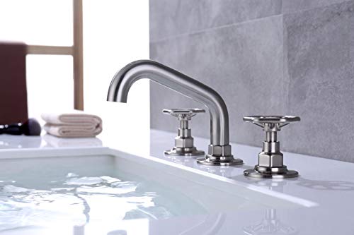 RKF Solid Brass Two Handle Widespread Bathroom Sink Faucet with Pop-up Drain with overflow and CUPC Faucet Supply Hoses,Brushed Nickel,CWF026C-BN