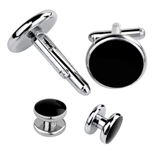 Black Silver Tuxedo Studs and Cufflinks Set, Mens Cufflinks and Cuff Studs Set Cuff Links Stainless Steel Tux Buttons with Box for Tuxedo Shirts Wedding Business Gift - Thumbnail 4