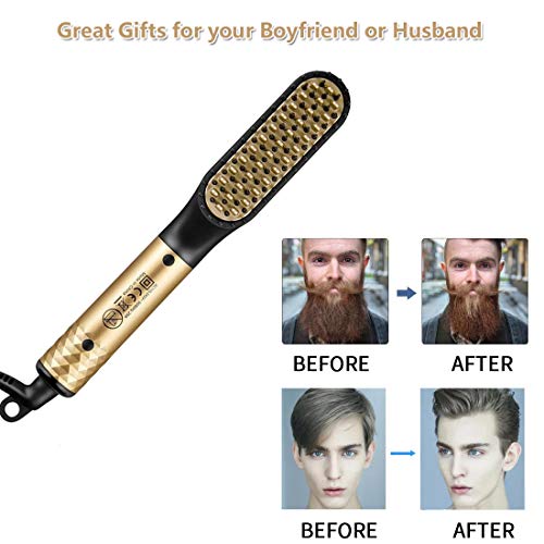 TFS Heated Beard Straightener Comb for Men - 2 In 1 Beard & Hair Straightening Brush with Ceramic Teeth, Portable Electric Hot Comb Iron Mustache Brush Styler Tools for Home Travel