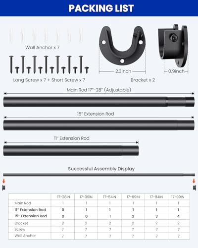 Supforce Closet Rods for Hanging Clothes, 17 to 84 Inches Stepless Adjustable Metal Closet Rod, 1.3 Inches Heavy Duty Clothes Hanging Rod for Closet Wardrobes Laundry RV, Black