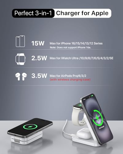 3 in 1 Wireless Charging Station for Apple,Foldable Magnetic Wireless Charger,15W Fast for MagSafe Charger Stand for iPhone 17/16/15/14/13,for Apple Watch,for AirPods