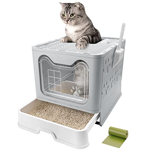 Foldable Cat Litter Box with Lid, Enclosed Cat