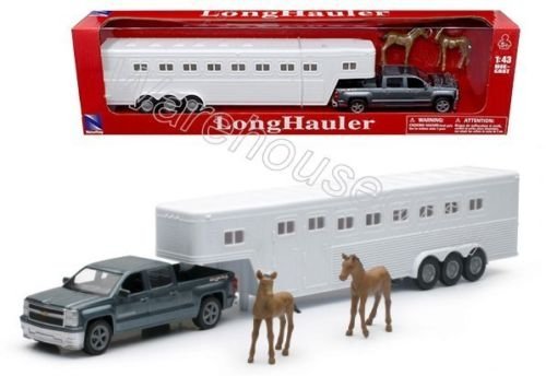 New 1:43 NEWRAY COUNTRY LIFE - LONGHAULER CHEVROLET SILVERADO 4X4 WITH HORSE TRAILER & HORSE FIGURE Diecast Model Car By NEW RAY TOYS