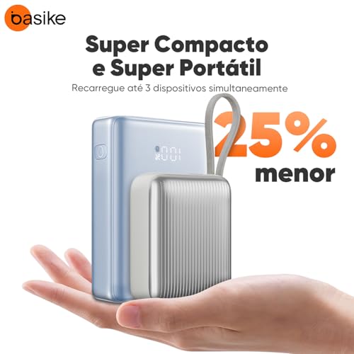 Basike Power Bank, Carregador Portátil 10000mAh 35W, 2-Saídas com Cabo Tipo-C Integrado, Bateria Externa de Carregamento Rápido PD/QC para iPhone Séries 17/16/15, Samsung S25/24/23/22 (Cinza)