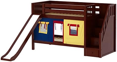 Maxtrix Solid Hardwood Twin/Twin Low Bunk Bed with Storage Staircase Entry, Slide, and Low Bunk Curtains, Chestnut Finish, Red, Blue, and Yellow Fabric