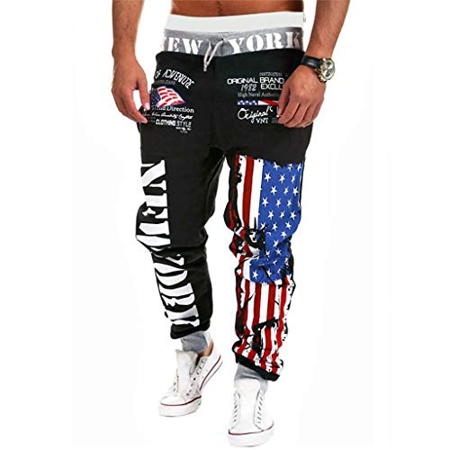 YKARITIANNA Mens Joggers Sport Flag Print Casual Drawstring Sweatpants Trouser Long Pants Black