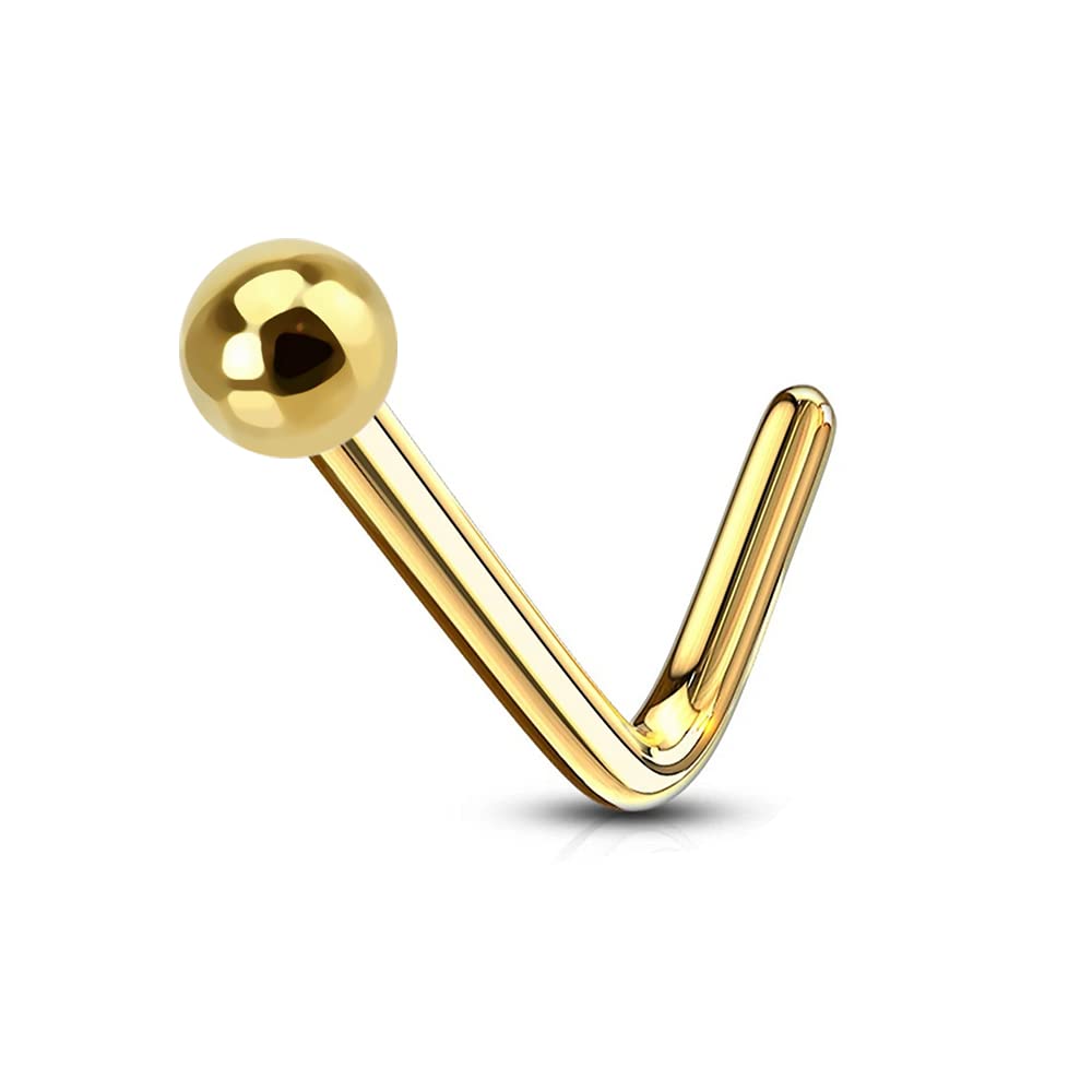 AZARIO LONDON 14K Yellow Gold 2MM Plain Ball Top 22 Gauge L Bend Nose Stud Piercing