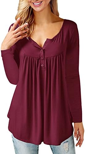 Aitos Women's Long Sleeve Casual Basic Loose V Neck Pleated T Shirts Tunic Tops Button up Blouse