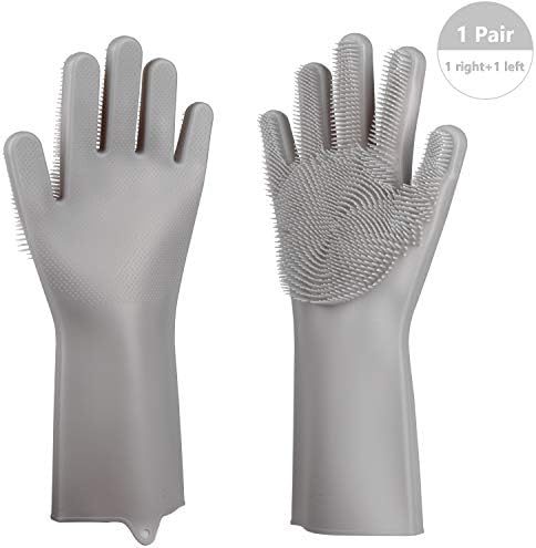 Magic Silicone Gloves with scrubbers for washing dishes and vegetables, kitchen household cleaning, heat resistant cooking tool, washing car, pet bath with rubber brushes - Pair Packed (Grey)