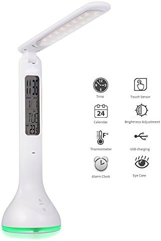 LED Desk Lamp Touch Control, Leadpo Multi-functional Bedside Table Lamp 3-Level Dimmable Brightness with Calendar/ Alarm Clock/ Temperature Eye-Care Touch Light for Reading Study Relax Sleeping