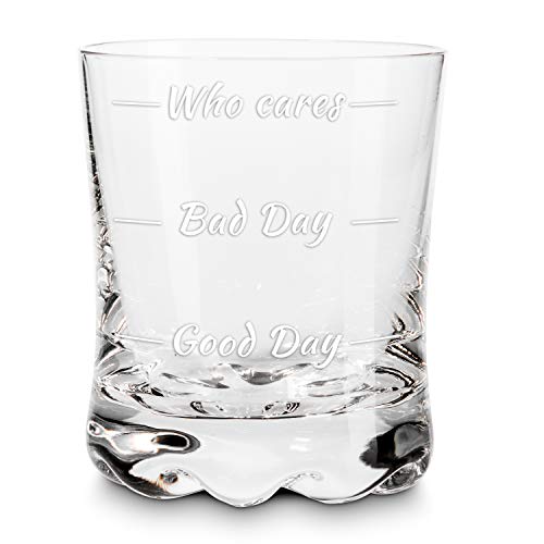 Froster Whiskyglas Who Cares, Stimmungglas, guter Tag schlechter Tag Glas, lustiges Geschenk für Männer, 300 ml