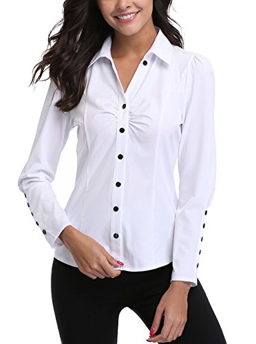 MISS MOLY Women's White Point Collar Casual Ruffled Chest T-Shirts Blouses Work Home Date Long Sleeve Tee Tops Shirts,White,Large(US-14)