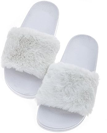 Dingxiu Slippers Faux-Fur Slide Sandals Flip Flop Soft Slide Slip on Flat Footwear Shoes for Women and Men (7, White)