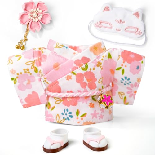 17cm Doll Clothes,Outfit Accessories Kimono Set for 6.7inch Dolls Girl, Kawaii Chic Style Flower Hairbow+Pink Clothing+Cute MasK+Shoes(NO Doll)