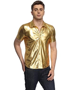 Men's Metallic Shiny Nightclub Styles Slim Fit Short Sleeve Button Down Party Shirts