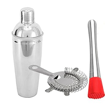King International Stainless Steel Bar Set, Bartender Kit Cocktail Shaker Set of 3 Piece|Bar Tool Set with Cocktail shaker bottle, Muddler, Bar Strainer, Champagne Bucket-Complete Bar tool set for Home bar accessories