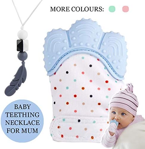 KEFU Baby Teething Mittens&Silicone Teething Necklace for mom, Self Soothing Pain Relief Mitt Stimulating,Stylish Chewable Necklace,Silicone Teether Toy,Unisex (Pastel Blue)