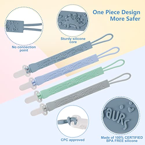 Silicone Pacifier Clip, 4 Pack One Piece Dinosaur Pacifier Clip Holder