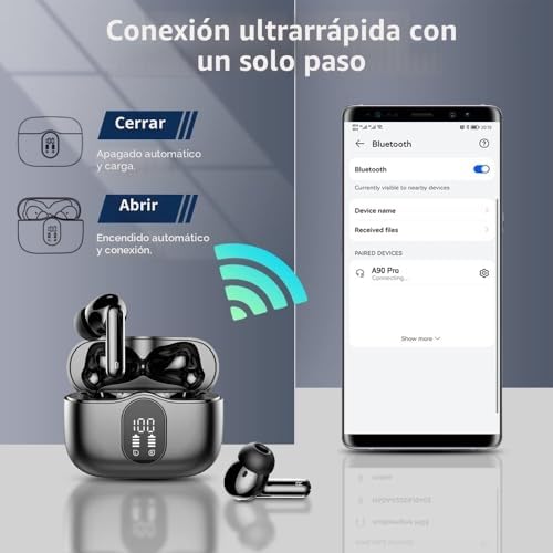 Fones de ouvido sem fio, bluetooth 5.3 com microfone hd com tela led estéreo hifi, redução de ruído, driver dinâmico de 13 mm, fones de ouvido pretos ip7 à prova d'água 36h