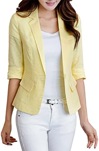 Jofemuho Womens Casual Cotton Linen 3/4 Sleeve Short Crop OL Work