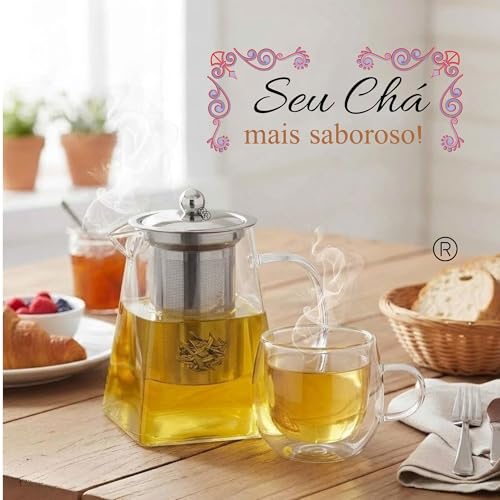 Chaleira de Vidro Borossilicato com Infusor Removível e Tampa em Aço Inox – Bule de Chá 2 em 1, Jarra de Vidro com tampa, para Chá e Infusões, Bebidas Quentes e Frias - Presente Sofisticado (950ml)