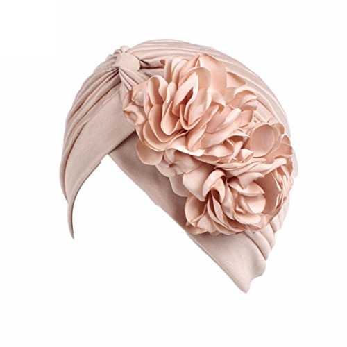 QingFan Women Muslim Solid Flowers Cancer Chemo Hat Turban Headbands Hair Loss Wrap Cap (Beige)