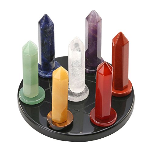 QGEM 7 Chakra Star Group Rock Healing Energy Gemstone Crystal Wand Qixing Array on Obsidian Stand with Round Gemstone Disc, for Chakra Healing, Devination, Home Decor