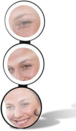 Lighted Magnifying Makeup Mirror with Adjustable LED Lights and 5x and 10x Magnification for Cosmetic Application – Perfect Foldable Compact Travel Size for Purse by NAL (Black)