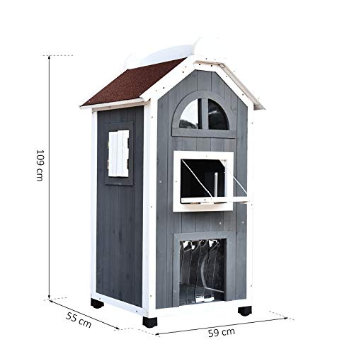 PawHut Katzenhaus für DrauÃen 2-stöckiges Katzenhaus aus Tannenholz, wetterfest Katzenhütte mit Asphaltdach, Blau, 59 x 55 x 109 cm – Bild 8