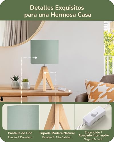 EDISHINE LED Table Lamp, Linen Shade and Wooden Base, Set of 2 Modern Table Lamp, Warm White Light 2700K, E27 Table Lamp for Bedroom and Living Room, 4W LED Bulb Included