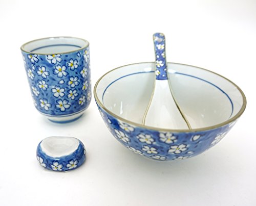 Japanese Traditional Cherry Blossom Sakura Dinnerware Set for 1 with Ceramic Rose Bowl Sushi Restaurant Tea Cup Ceramic Spoon and Ceramic Chopsticks Rest Holder Gift Set Tableware Starter Kit (Blue)