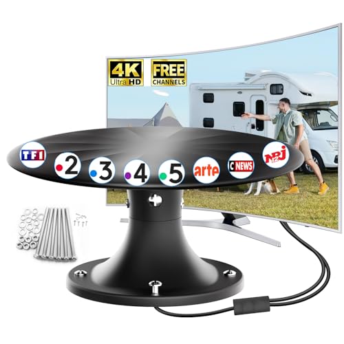 Amplified Motorhome TV Aerial - 360° Long Range Reception, TNT HD 4K DVB-T/T2, Outdoor TV Aerial for Camper Motorhome Caravan Weatherproof