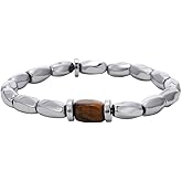 ZORVYSSA Men's Retro Bracelet, Irregular Shaped Silver Stainless Steel Chain with Black Onyx Bead, Stretch Elastic Adjustable