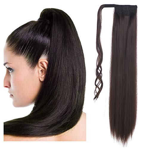 SARLA Straight Long Dark Brown Ponytail Hair Extension Clip in Wrap Around Synthetic Fake Pony Tail Hairpiecs Hair Piece For Women Heat-Resisting Fiber 24