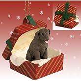 Labrador Retriever Dog Chocolate Sits in a Red Gift Box Ornament New Resin RGBD24C