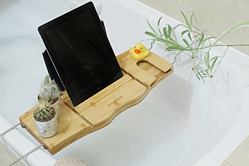 Bamboo Bath Tub Tray Caddy: Luxury Bathtub Tray with Wine Glass Holder, Book Stand & Phone, iPad Tablet Rest. Wooden Spa Bath Accessories for a Relaxing Bubble Bath for Women & Men