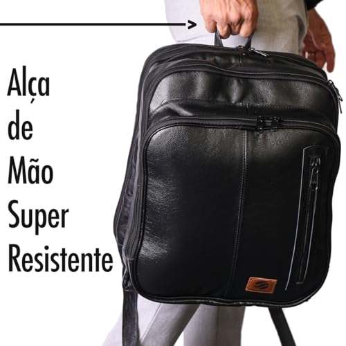 Mochila Couro Legítimo Natural Notebook Executiva Preto Masculina Premium Bisbel 44x33x18cm