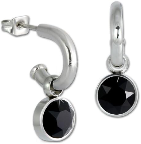 Amello Stainless steel hoop earrings with a hanging black Swarovski element, original Amello ESOS02S