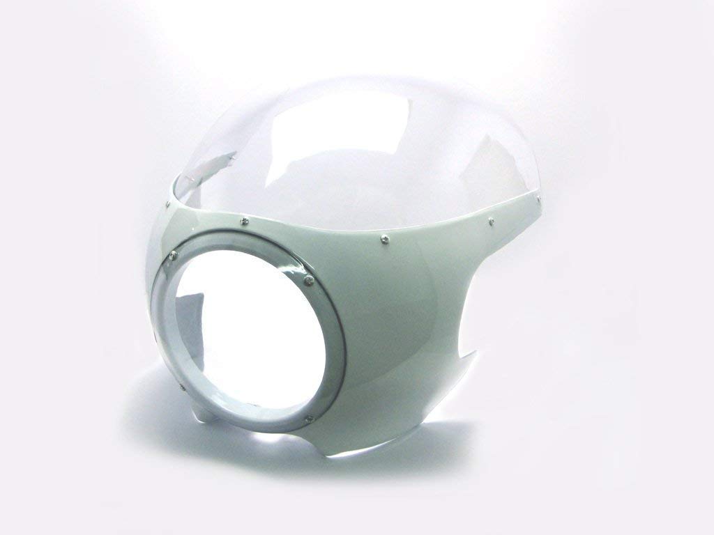 Cafe Racer Style Universal Motorcycle Headlight Fairing Cowl and Windshield - Retro White with Clear Screen