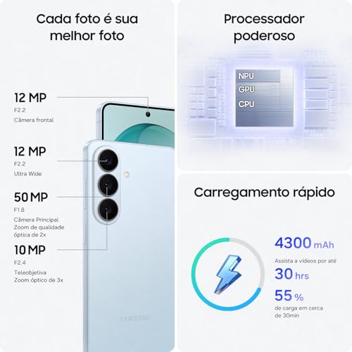 Celular Samsung Galaxy S26 5G, 256GB, 12GB RAM, Câmera Tripla de 50+12+10, Tela Grande de 6.3" - Azul