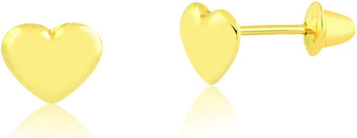 Carol Jewelry 18k Yellow Gold Heart Safety Stopper Stud Earrings for Girls, Babies, and Infants