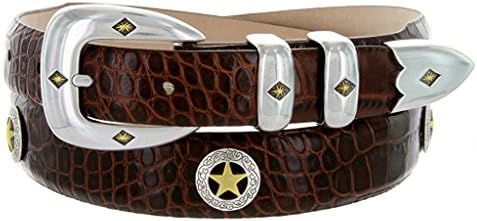 Hagora Men 1-1/8" Wide Genuine Italian Calfskin Star Conchos Silver Buckle Belt
