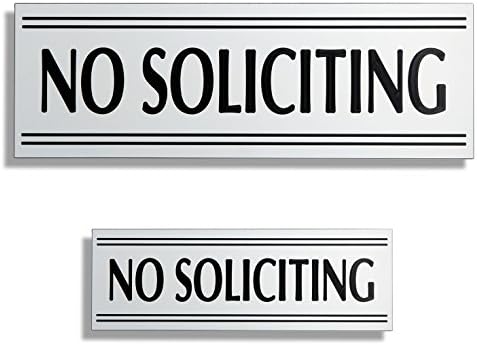 JP Signs - Two No Soliciting Signs – Double Doorkeeper – Small &amp; Big Sign: 9 X 3, 6 X 2 Inch - (White) Engraved Premium Door Signs – Not a Sticker, Easy to Read, Highly Noticeable – Elegant for House, Office, Cafe – Quality Material – 20 Years Guarantee.